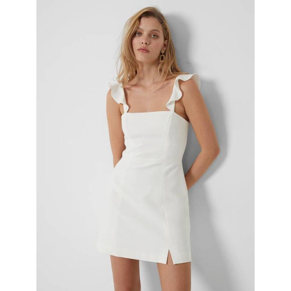 French Connection Whisper Mini Dress Summer White US 8 Ruffle Minimalist Wedding